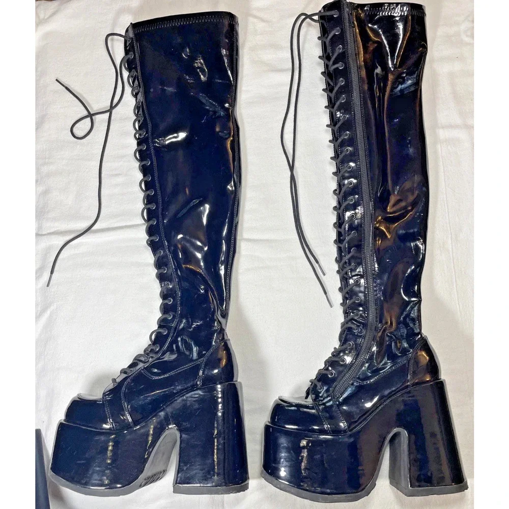 Demonia Camel 300 Platform Knee High Boots Black Patent Gothic Womens 5